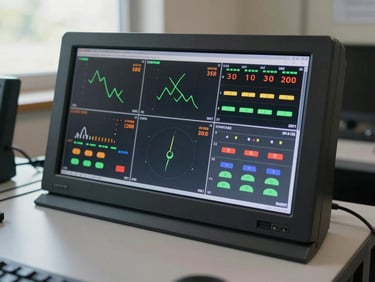 Overhead shot of a monitoring control panel display showing live sensor status readouts and system uptime indicators, neutral daylight from a nearby window, no people, clean desk surface