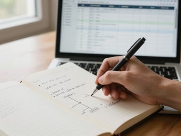 Close-up on hands writing in an open notebook beside a laptop screen displaying a project timeline and task board. Natural window light from the left, notebook page covered in structured bullet notes and a hand-drawn dependency map. Documentary framing, no faces, crisp detail on the handwriting and screen content.
