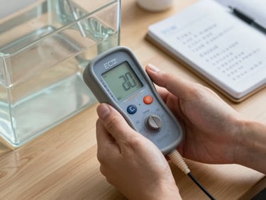 Hands holding a clean digital EC meter in a clear water reservoir, a notebook with handwritten nutrient schedules on a wooden desk nearby, soft lighting