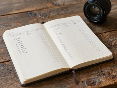 A neatly organized notebook on a rustic wooden desk, showing handwritten nutrient schedules and precise water calculations, soft side lighting.