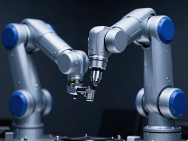 Macro shot of a high-speed robotic arm in motion, cool-toned technical lighting, high-contrast metallic slate gray and electric blue tones