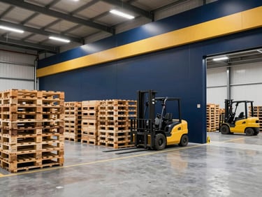 Interior of a clean, modern warehouse in Barka, neatly stacked pallets, forklifts in the distance, bright industrial lighting, deep navy and gold accents.