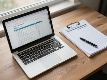 Overhead shot of a neatly organized desk with a laptop showing a filed return confirmation screen, a checklist notepad, and a pen beside stacked documents, soft natural daylight from a nearby window