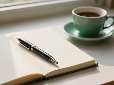 A close-up of a clean study desk with a notebook, an elegant pen, and a cup of coffee under soft golden morning light.