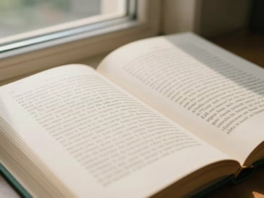 Close-up of an open book with warm natural window light illuminating the pages, showing elegant serif typography, scholarly cream and deep green tones, 35mm photography.