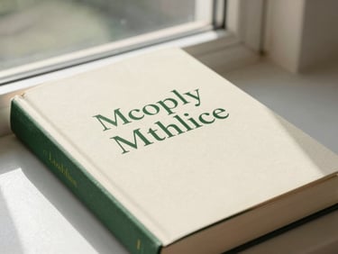 A hardcover book mockup with a scholarly cream cover and elegant serif typography, positioned under soft natural window light.