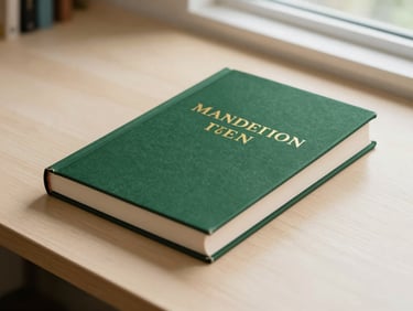 A clean hardcover book mockup with a deep forest green cover and gold foil lettering, resting on a warm cream wooden desk.