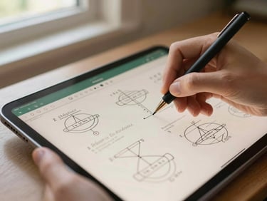 Hands writing on a digital tablet screen displaying structured educational diagrams, warm natural lighting, shallow depth of field.