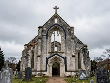 Extreme wide architectural shot showing scale, an unrestored chapel ruin in an overcast cemetery, marked by a precise black geometric paint intervention.