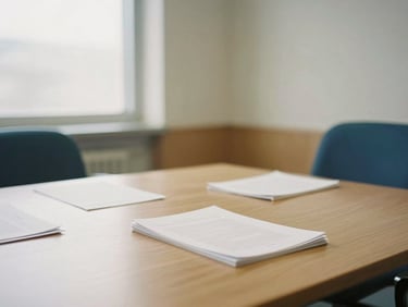 Quiet, warm daylight-filled meeting room of a law firm, physical documents on a minimalist wooden table, soft window light, 35mm editorial photography