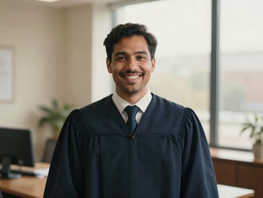 Editorial portrait of a male lawyer in a warm, daylight-filled office, smiling naturally, shallow depth of field, 35mm