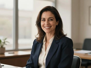 Editorial portrait of a female lawyer in a warm, daylight-filled office, smiling naturally, shallow depth of field, 35mm