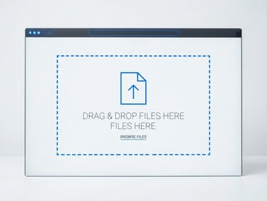 Minimalist browser mockup displaying a drag-and-drop zone with clean wireframe lines, stark monochrome interface, electric blue highlights, bright high-key studio lighting, sharp focus.