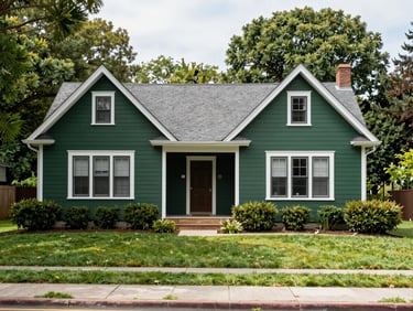 Wide shot of a beautifully restored craftsman home with deep forest green siding and a manicured front lawn.