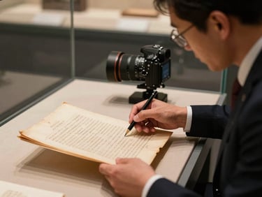 Archivist carefully handling historic document under soft museum lighting, digital camera setup visible in the background.