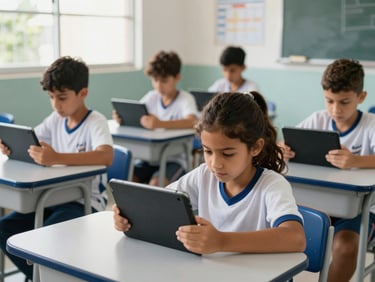 Modern public school classroom in Brazil, children using tablets for interactive learning, bright natural daylight, clean environment.