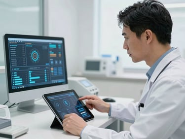 Bright clean healthcare clinic office, doctor looking at a clinical dashboard on a tablet, professional and calm atmosphere.