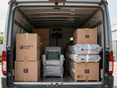 Interior of a modern cargo truck neatly packed with labeled boxes and furniture wrapped in protective blankets, bright daylight illuminating the secure arrangement.