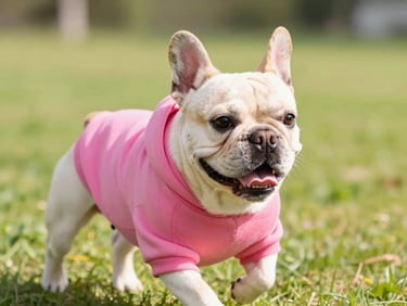 Close-up of a happy French bulldog wearing a colorful pink hoodie, running comfortably in a park, bright high-key pet photography, warm daylight, 35mm
