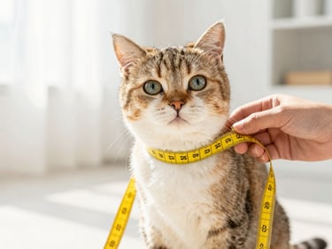 An illustration style photo of a calm happy cat being measured gently with a soft yellow tape measure around its chest, bright high-key lighting, clean background, warm natural daylight, shallow depth of field, 35mm