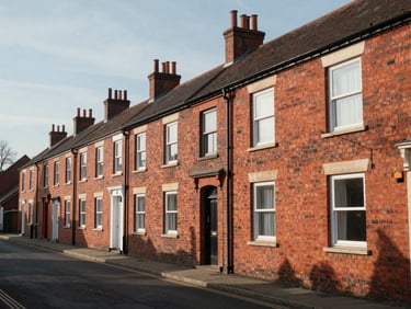 A wide-angle, natural daylight shot of traditional red-brick terrace houses along a quiet street in Widnes, soft North West afternoon light casting gentle shadows across the brickwork.