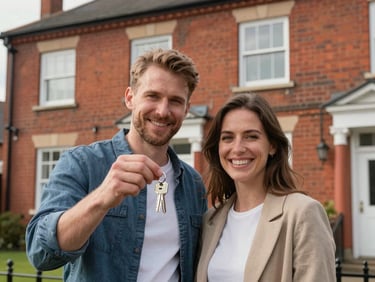 A happy local couple standing in front of a classic red-brick terrace house in Widnes, smiling and holding up a new set of house keys under natural daylight.