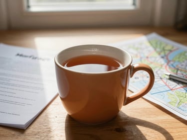 Close-up of a warm ceramic mug of tea resting on a wooden desk next to mortgage paperwork and a physical map of Cheshire, soft morning window light.