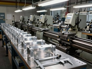 Wide environmental shot of a machine shop floor showing multiple lathes and mills in operation, fluorescent overhead lights reflecting off machined aluminum and steel parts arranged on a work table, measuring calipers and micrometers visible in the foreground, raw stock material stacked at left edge, dense equipment layout conveying industrial scale