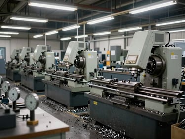 Wide environmental shot of an industrial machine shop floor, multiple lathes and mills running mid-operation under harsh fluorescent overhead lighting, metal chips on the floor, measuring instruments on a worktable in the foreground, dense equipment layout showing shop scale