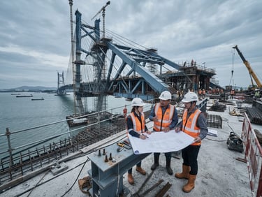 Wide-angle view of a Malaysian mega-bridge under construction, structural steel blue tones, cool overcast daylight, sharp technical detail, engineers reviewing blueprints on site in high-vis gear.
