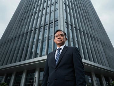 Professional portrait of a Malaysian contract specialist, serious and confident, cool tones