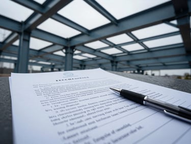 Close-up of technical contract documents with a pen, structural steel blue tones, cool overcast daylight, sharp legal detail.