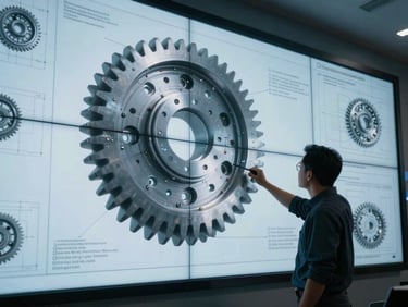Engineer in high-vis gear reviewing a 5D BIM model on a large screen, glowing screens in a control room, tight macro shot of technical drawings overlay.