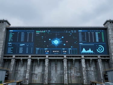 Panoramic shot of a digital twin interface displaying real-time operational data for a hydroelectric dam, glowing screens, cool tones, technical detail.
