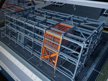Tight macro shot of a BIM model on a screen highlighting a detected clash in safety orange, structural steel blue tones, sharp technical detail, cool light.