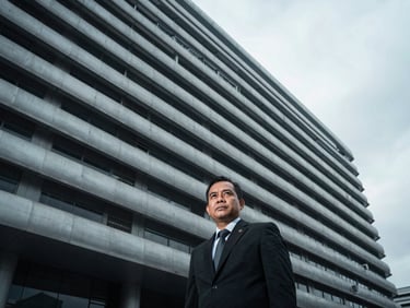 Professional portrait of a Malaysian engineer, serious and confident, cool tones