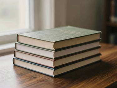 A stack of academic law journals on a dark wooden table near a window, soft morning light, shallow depth of field, warm editorial photography, 35mm