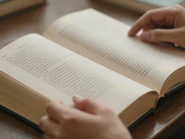 Close-up of hands highlighting text in a thick law book, soft focus, warm tones, shallow depth of field, warm editorial photography, 35mm