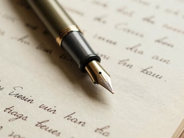Macro close-up of a vintage fountain pen resting on handwritten legal manuscript draft, warm library light, shallow depth of field, warm editorial photography, 35mm