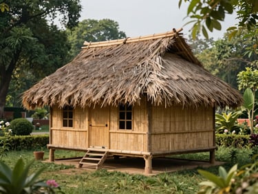 A beautiful, traditional bamboo hut with a thatched roof situated in a lush, manicured Lucknow garden under soft daylight.