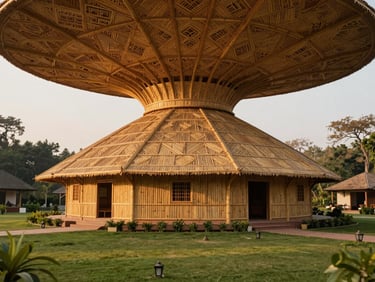 An exquisite, large-scale bamboo hut in a lush resort lawn in Lucknow, warm golden hour lighting, intricate geometric weaving on the ceiling panels.