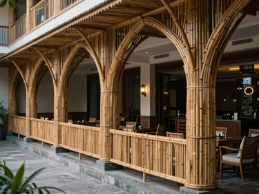 Wide shot of a luxury hotel verandah in Lucknow shaded by heavy-duty bamboo chicks, cool interiors visible.