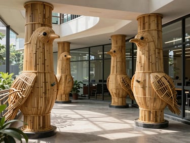 A corporate office verandah in Gomti Nagar shaded by large, bespoke bamboo chicks, clean lines, professional and organic aesthetic.