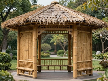 A beautifully structured bamboo gazebo in a manicured public garden, featuring a thatched roof and intricate bamboo pillar screens.