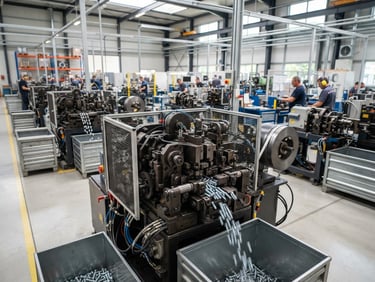 Wide-angle view of a clean, organized industrial factory floor with high-speed cold-heading machines in active production, natural daylight