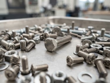 Macro shot of cold-forged steel screws and fasteners on a clean inspection tray under bright factory daylight, metallic steel tones