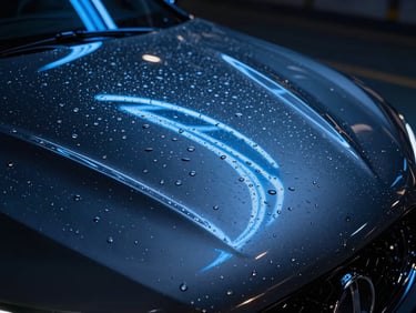 Sleek close-up of water droplets beading on a polished ceramic-coated dark metallic hood, reflecting neon blue architectural lights of Singapore at night, low-key dramatic studio lighting, sharp focus, 85mm
