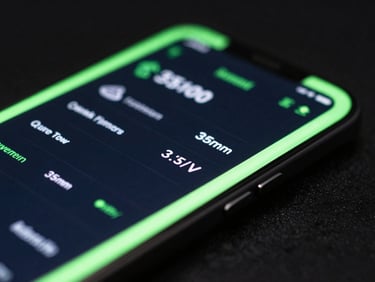 Macro shot of an Android smartphone screen displaying a dark mode data dashboard, neon green accents, cool studio lighting, 35mm.