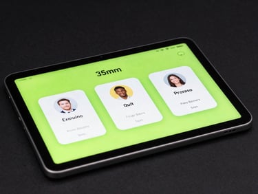 Sleek tech photography, cool studio lighting, dark background with neon green accents, crisp macro device mockup of an educational quiz app on an Android tablet, 35mm