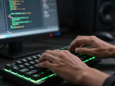 Close-up of a developer's hands typing on a mechanical keyboard, code editor visible on a blurred monitor in the background, dark tech environment.